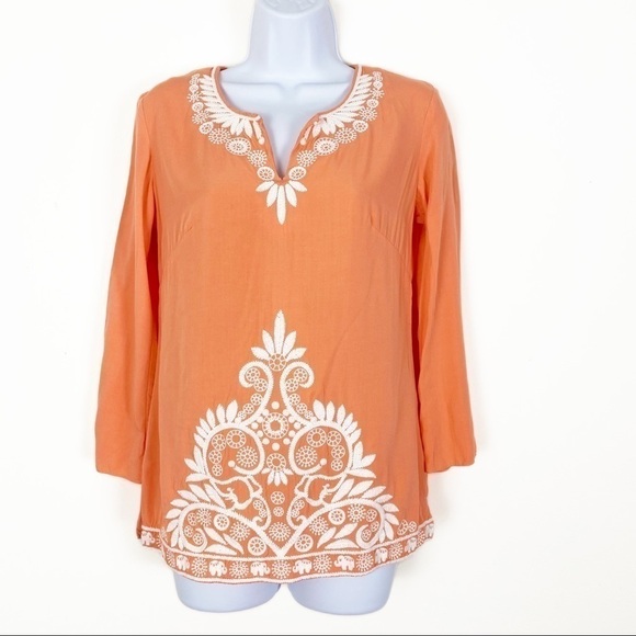 LILLY PULITZER Charlotte Tunic Top Coral Orange Embroidered Elephants Size XS - Picture 2 of 10